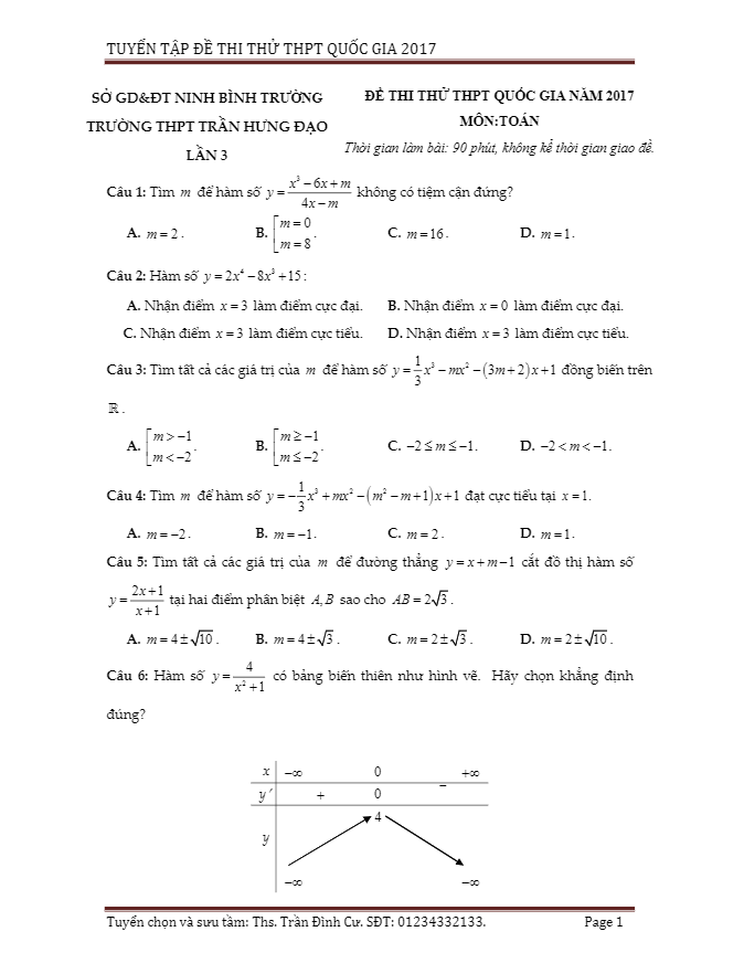 đề thi thử thpt quốc gia 2017 môn toán trường thpt trần hưng đạo – ninh bình lần 3