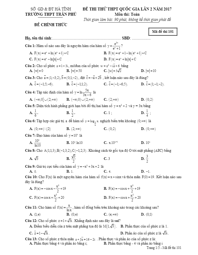 đề thi thử thpt quốc gia 2017 môn toán trường thpt trần phú – hà tĩnh lần 2