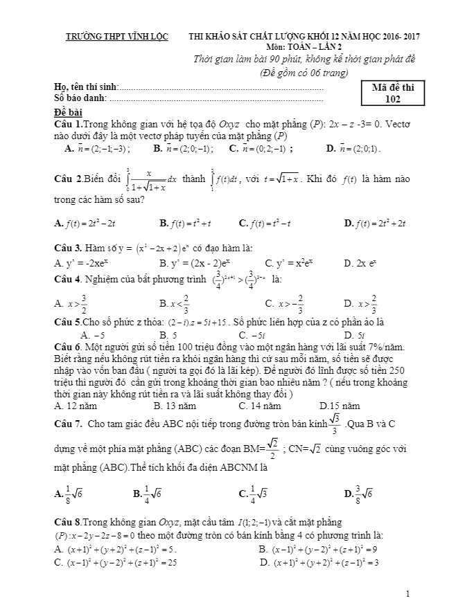đề thi thử thpt quốc gia 2017 môn toán trường thpt vĩnh lộc – thanh hóa lần 2