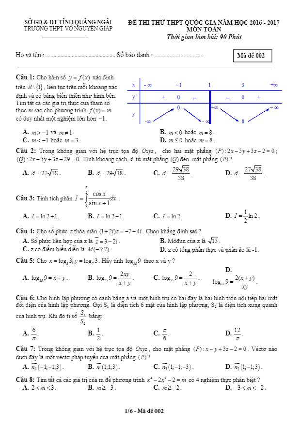 đề thi thử thpt quốc gia 2017 môn toán trường thpt võ nguyên giáp – quảng ngãi