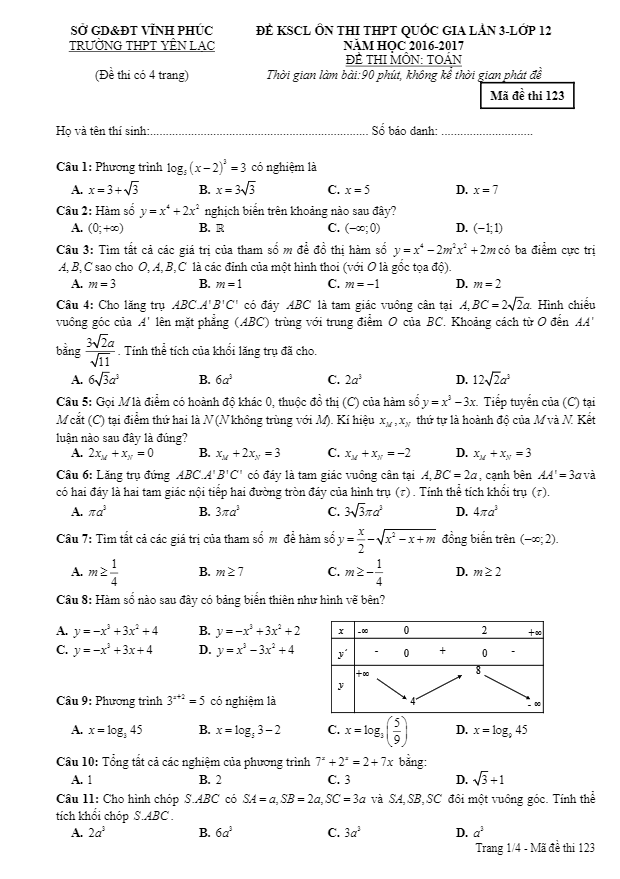 đề thi thử thpt quốc gia 2017 môn toán trường thpt yên lạc – vĩnh phúc lần 3