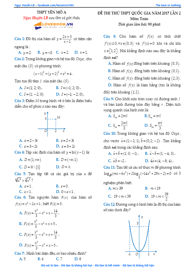 đề thi thử thpt quốc gia 2017 môn toán trường thpt yên mô a – ninh bình lần 2
