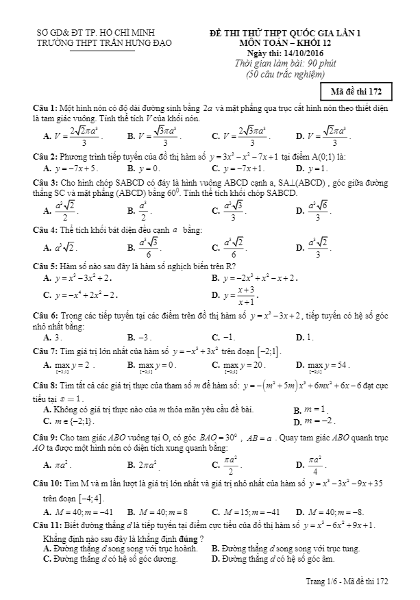 đề thi thử thpt quốc gia 2017 môn toán trường trần hưng đạo – tp.hcm lần 1
