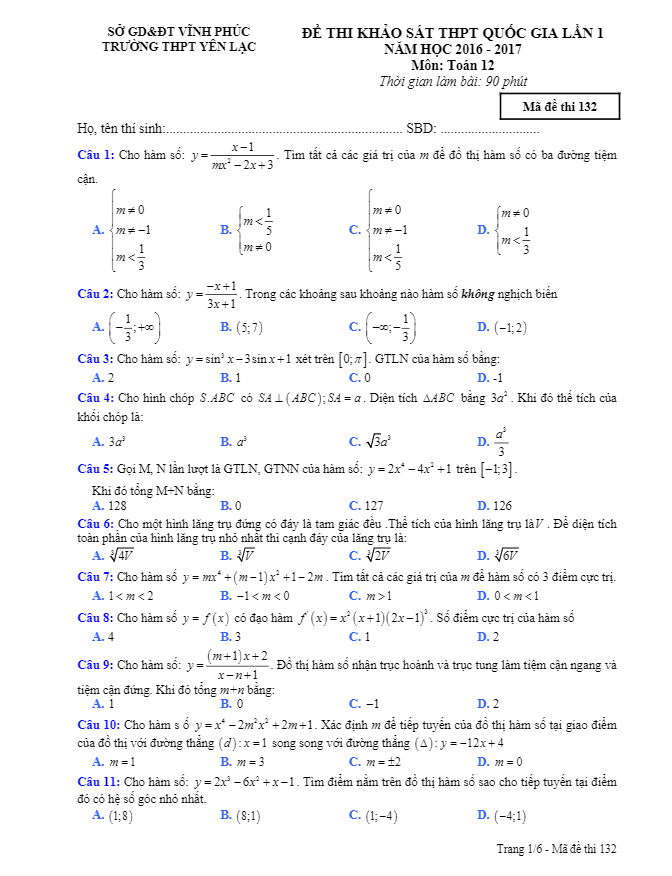 đề thi thử thpt quốc gia 2017 môn toán trường yên lạc – vĩnh phúc lần 1