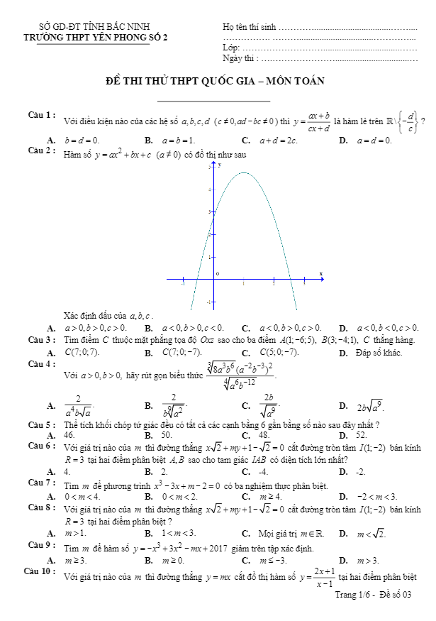 đề thi thử thpt quốc gia 2017 môn toán trường yên phong 2 – bắc ninh