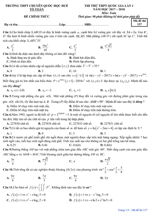 đề thi thử thpt quốc gia 2018 môn toán lần 1 trường thpt chuyên quốc học huế