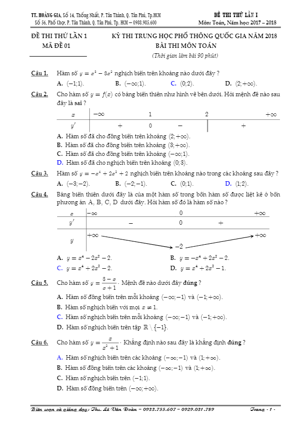 đề thi thử thpt quốc gia 2018 môn toán – lê văn đoàn lần 1