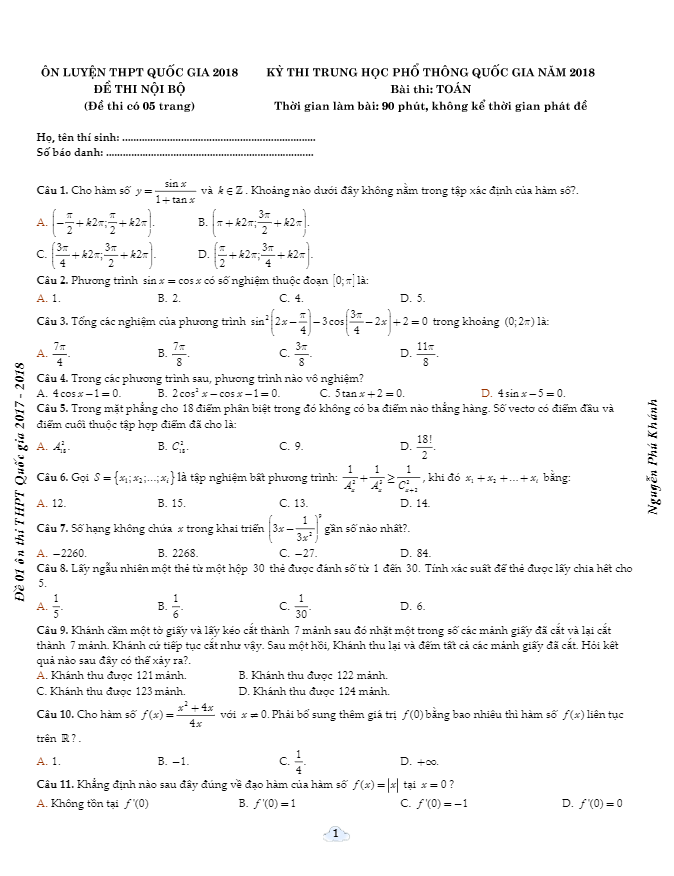 đề thi thử thpt quốc gia 2018 môn toán – nguyễn phú khánh lần 1