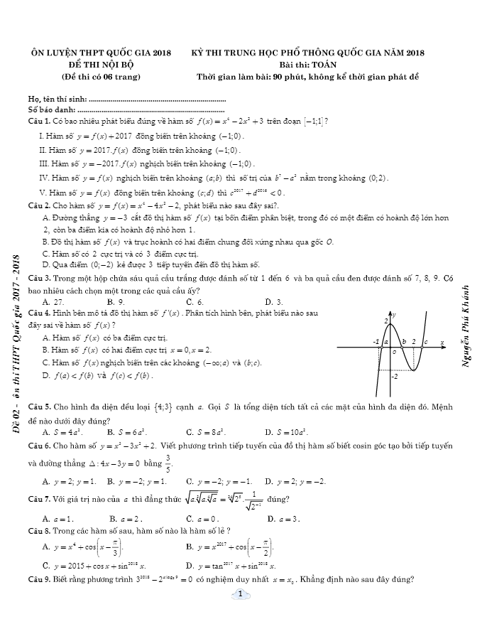 đề thi thử thpt quốc gia 2018 môn toán – nguyễn phú khánh lần 2
