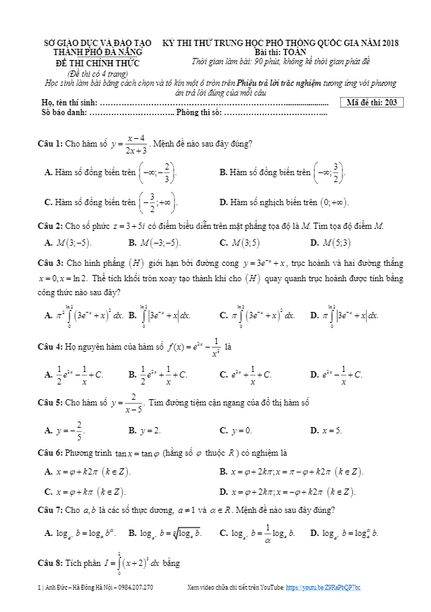 đề thi thử thpt quốc gia 2018 môn toán sở gd và đt đà nẵng