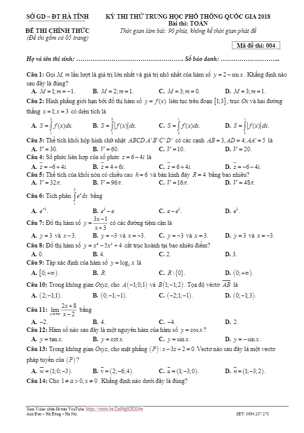 đề thi thử thpt quốc gia 2018 môn toán sở gd và đt hà tĩnh