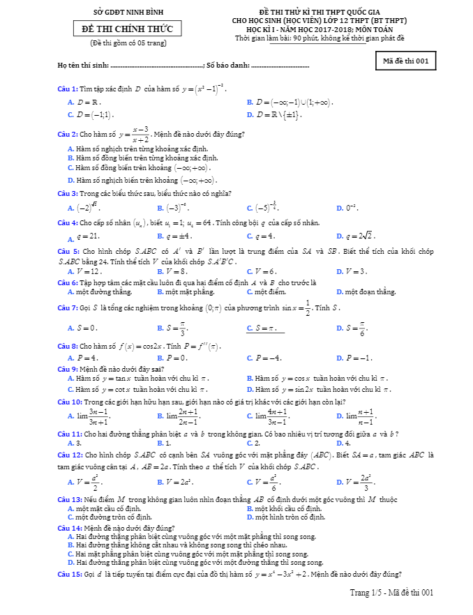 đề thi thử thpt quốc gia 2018 môn toán sở gd và đt ninh bình