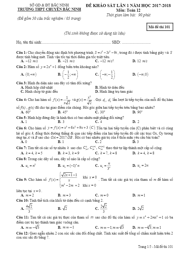 đề thi thử thpt quốc gia 2018 môn toán trường thpt chuyên bắc ninh lần 1