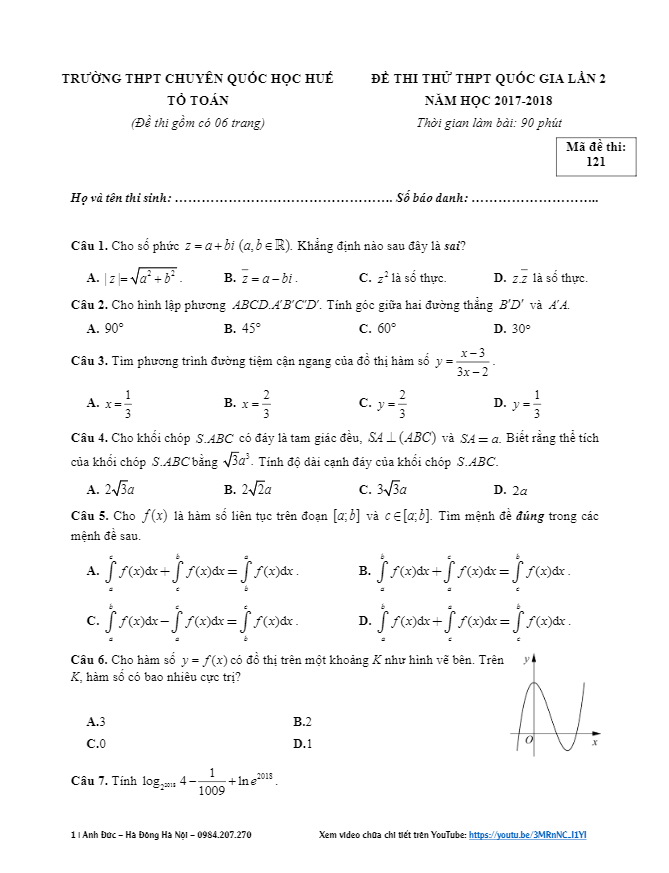 đề thi thử thpt quốc gia 2018 môn toán trường thpt chuyên quốc học huế lần 2