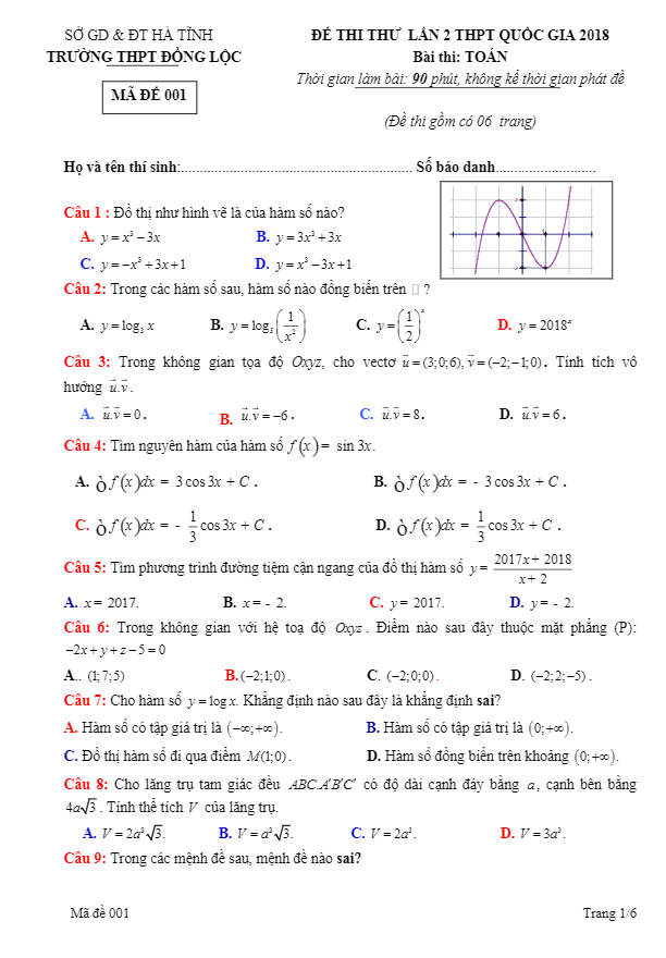 đề thi thử thpt quốc gia 2018 môn toán trường thpt đồng lộc – hà tĩnh lần 2