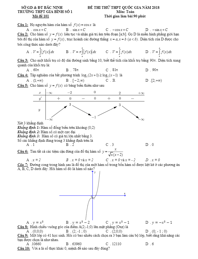 đề thi thử thpt quốc gia 2018 môn toán trường thpt gia bình số 1 – bắc ninh