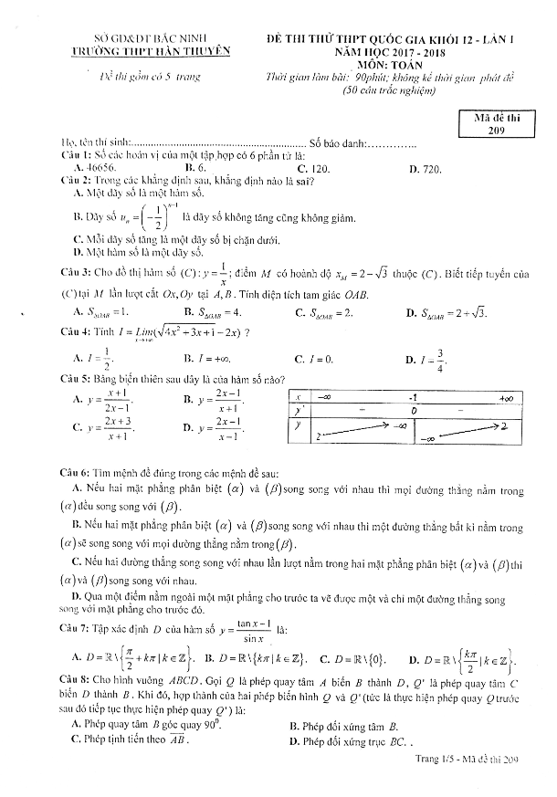 đề thi thử thpt quốc gia 2018 môn toán trường thpt hàn thuyên – bắc ninh lần 1