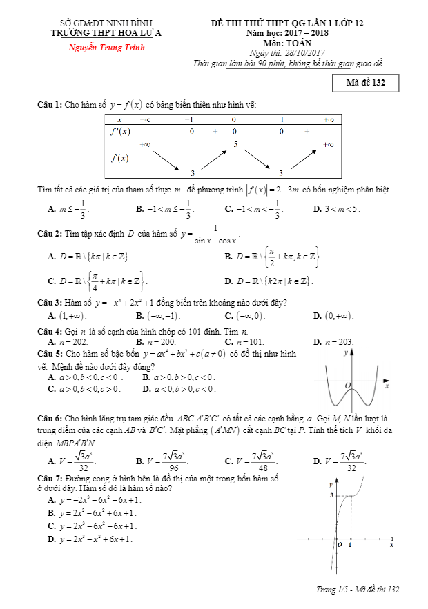 đề thi thử thpt quốc gia 2018 môn toán trường thpt hoa lư a – ninh bình lần 1
