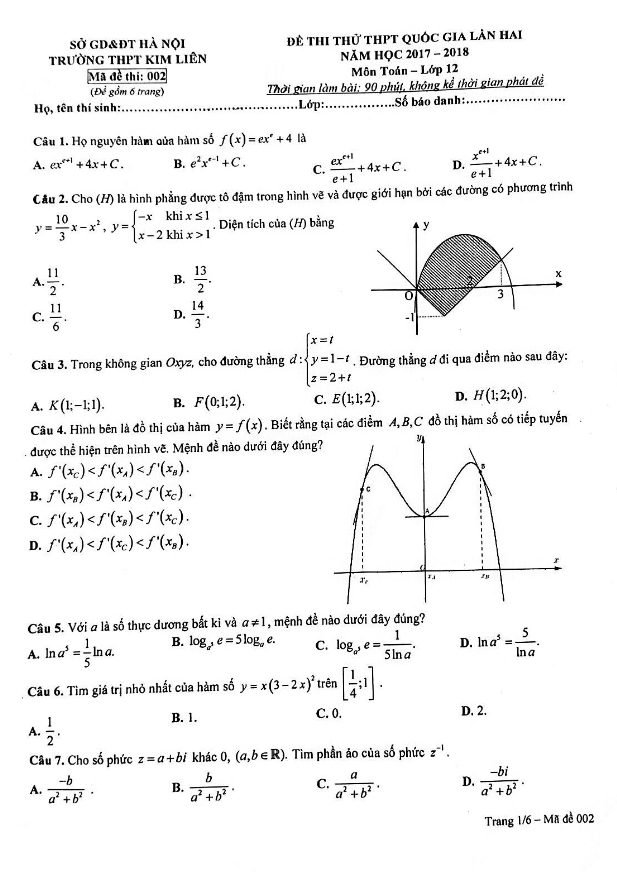 đề thi thử thpt quốc gia 2018 môn toán trường thpt kim liên – hà nội lần 2
