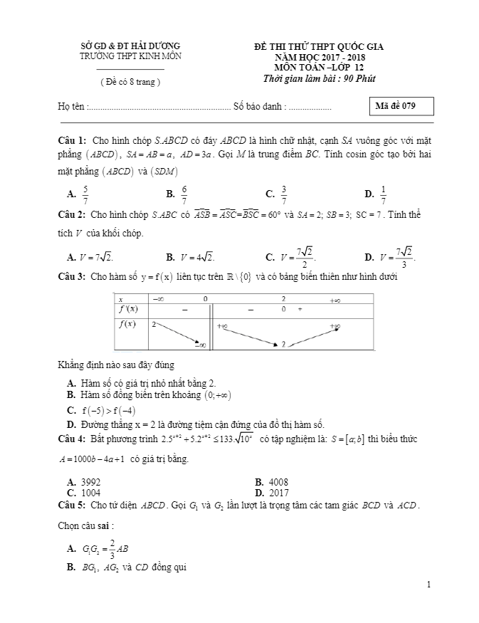đề thi thử thpt quốc gia 2018 môn toán trường thpt kinh môn – hải dương