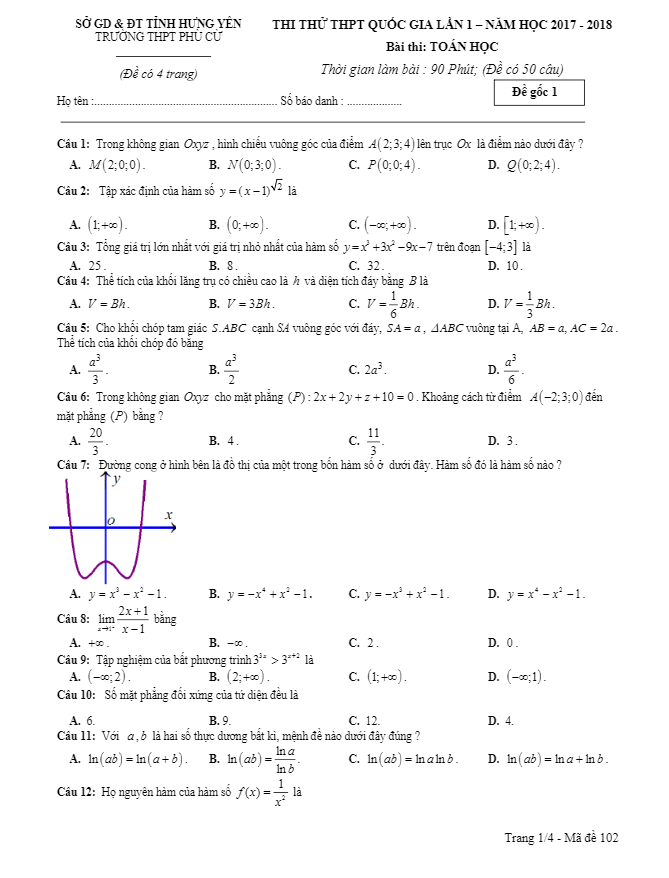 đề thi thử thpt quốc gia 2018 môn toán trường thpt phù cừ – hưng yên lần 1