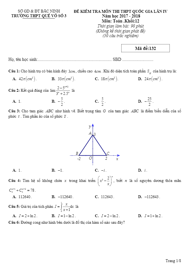 đề thi thử thpt quốc gia 2018 môn toán trường thpt quế võ 3 – bắc ninh lần 4