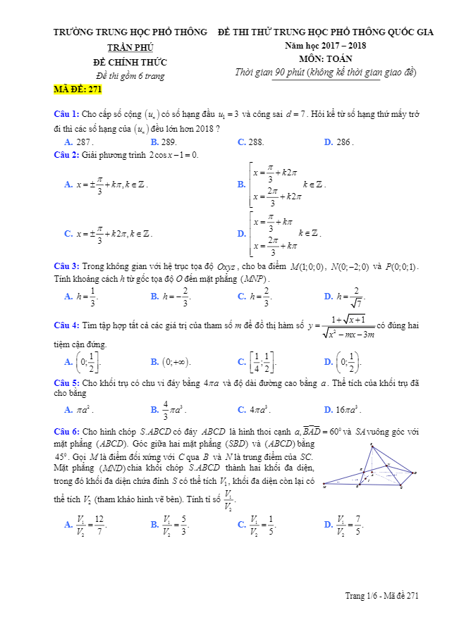 đề thi thử thpt quốc gia 2018 môn toán trường thpt trần phú – đà nẵng