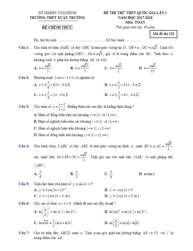 đề thi thử thpt quốc gia 2018 môn toán trường thpt xuân trường – nam định lần 1