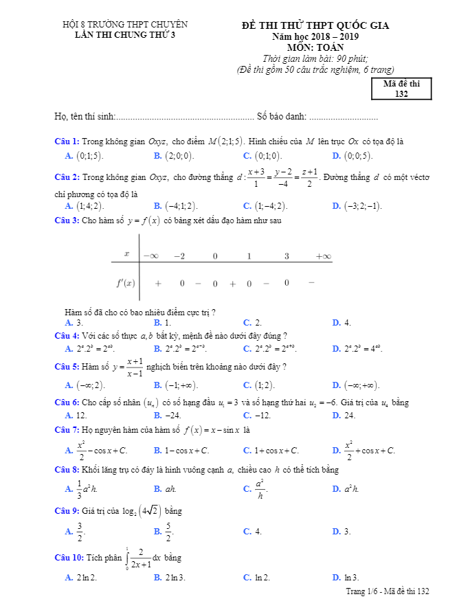 đề thi thử thpt quốc gia 2019 môn toán hội các trường chuyên lần 3
