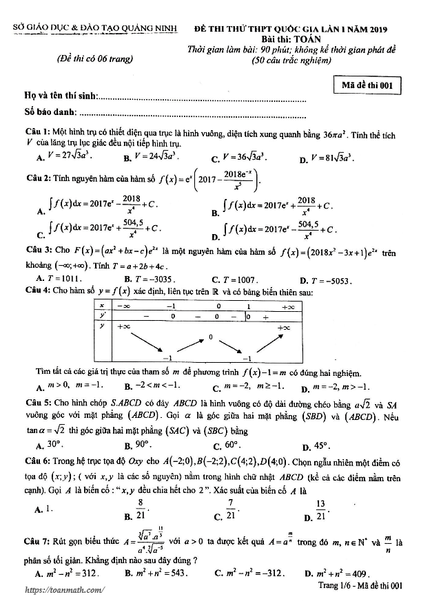đề thi thử thpt quốc gia 2019 môn toán sở gd và đt quảng ninh lần 1