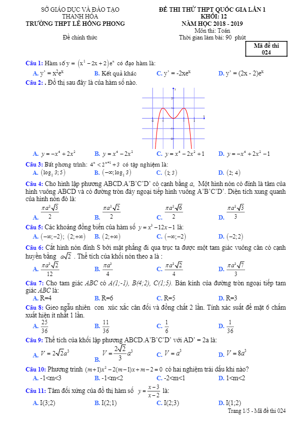 đề thi thử thpt quốc gia 2019 môn toán trường lê hồng phong – thanh hóa lần 1