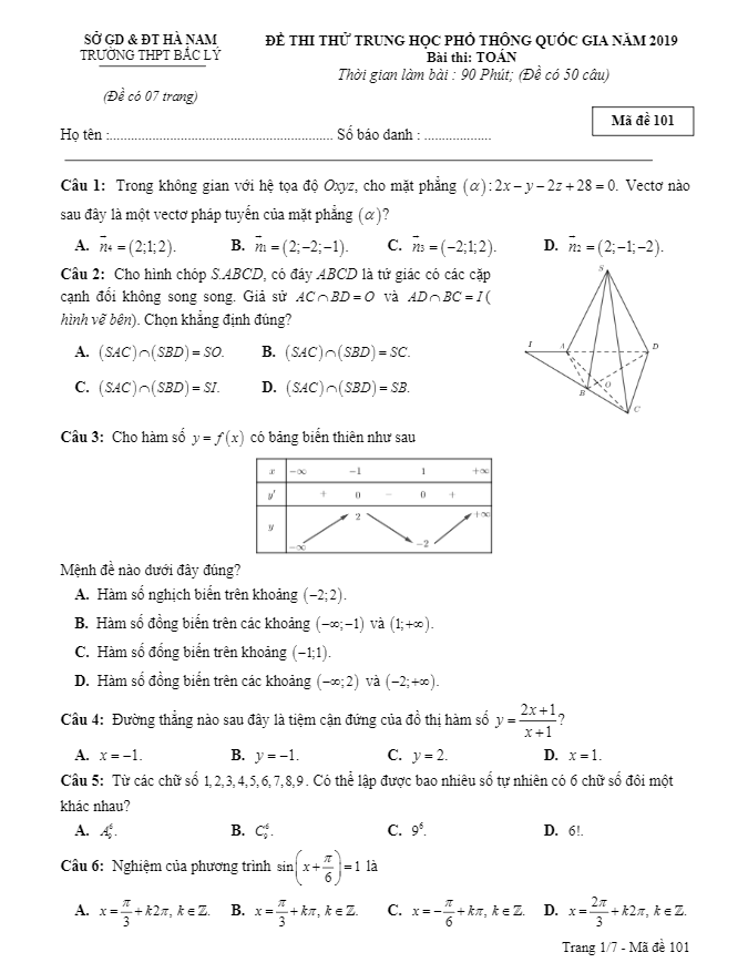 đề thi thử thpt quốc gia 2019 môn toán trường thpt bắc lý – hà nam