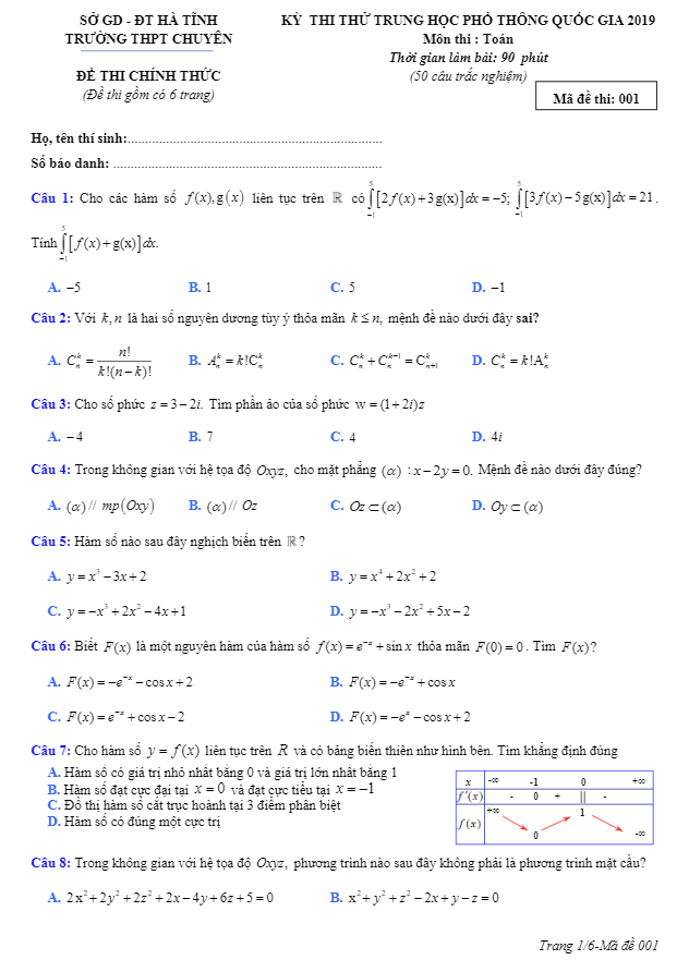 đề thi thử thpt quốc gia 2019 môn toán trường thpt chuyên hà tĩnh