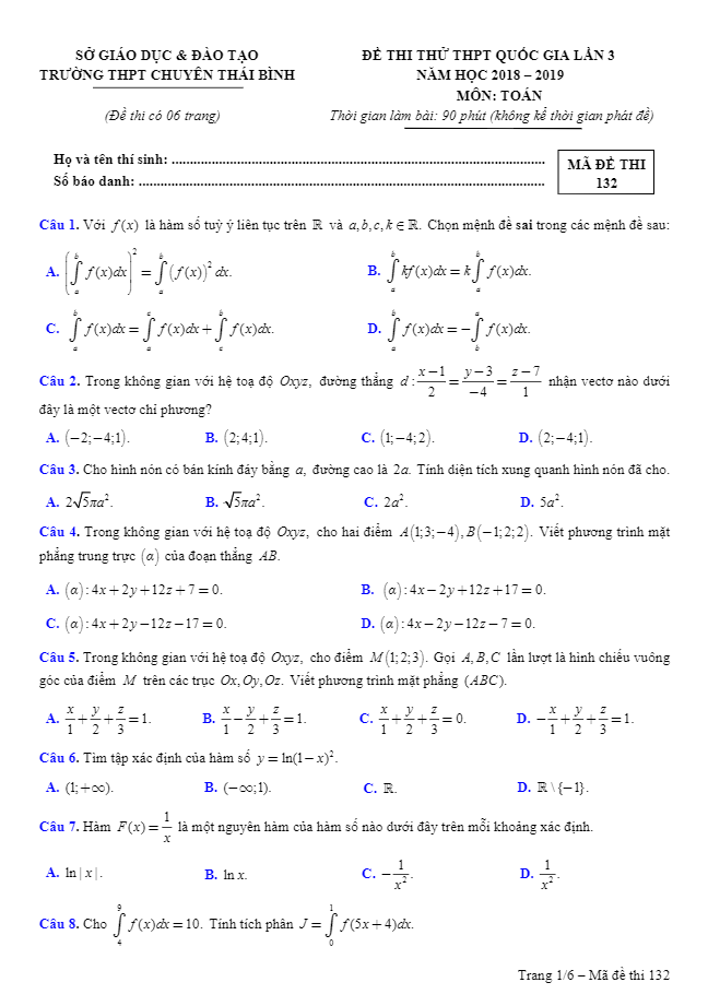 đề thi thử thpt quốc gia 2019 môn toán trường thpt chuyên thái bình lần 3