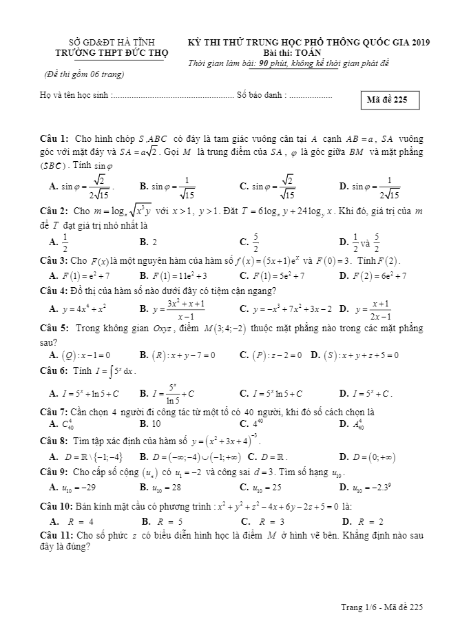 đề thi thử thpt quốc gia 2019 môn toán trường thpt đức thọ – hà tĩnh
