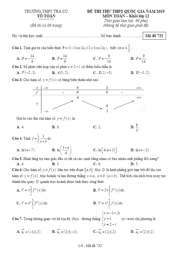 đề thi thử thpt quốc gia 2019 môn toán trường thpt trà cú – trà vinh