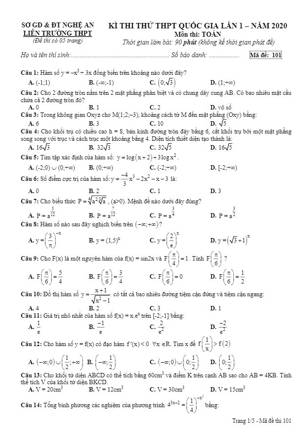đề thi thử thpt quốc gia 2020 môn toán lần 1 liên trường thpt – nghệ an