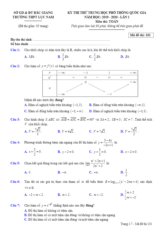 đề thi thử thpt quốc gia 2020 môn toán lần 1 trường lục nam – bắc giang