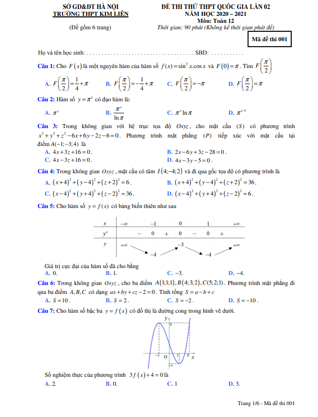 đề thi thử thpt quốc gia 2021 môn toán lần 2 trường thpt kim liên – hà nội