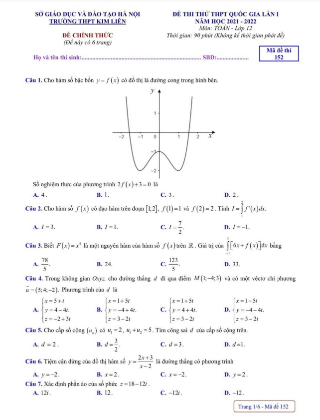 đề thi thử thpt quốc gia 2022 môn toán lần 1 trường thpt kim liên – hà nội