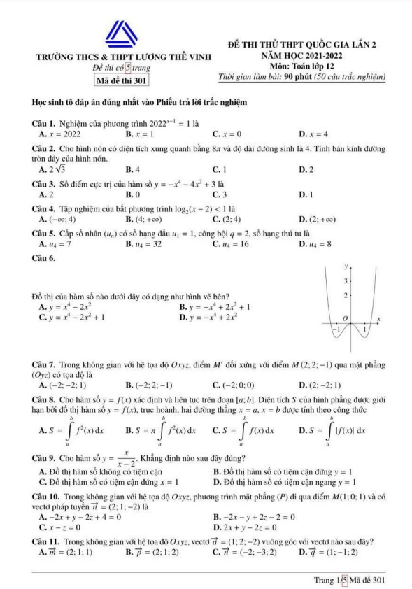 đề thi thử thpt quốc gia 2022 môn toán lần 2 trường lương thế vinh – hà nội