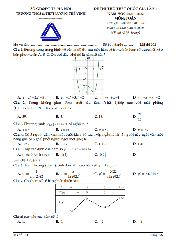 đề thi thử thpt quốc gia 2022 môn toán lần 4 trường lương thế vinh – hà nội