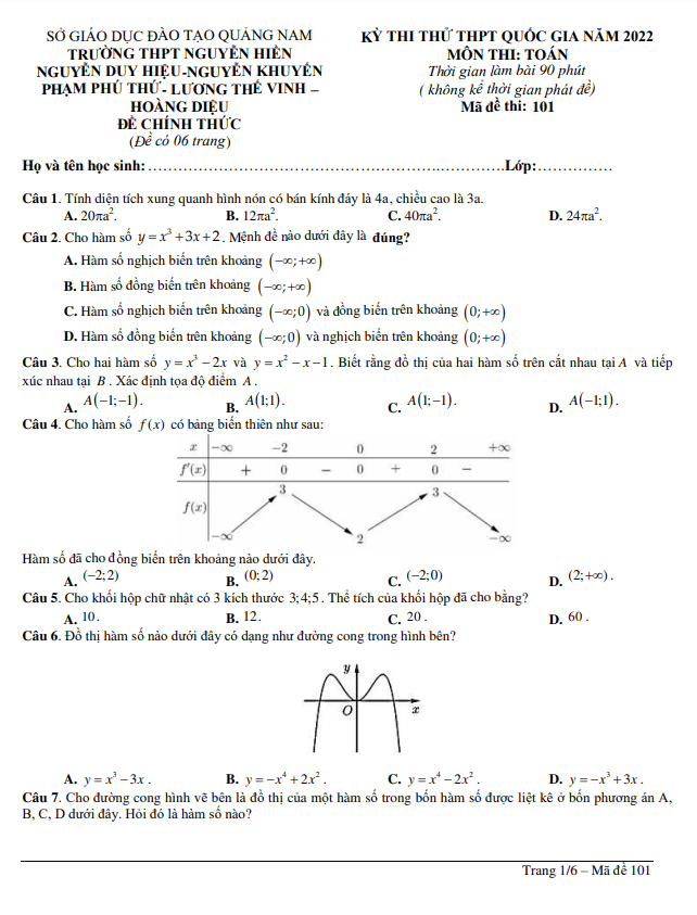 đề thi thử thpt quốc gia 2022 môn toán liên trường thpt – quảng nam
