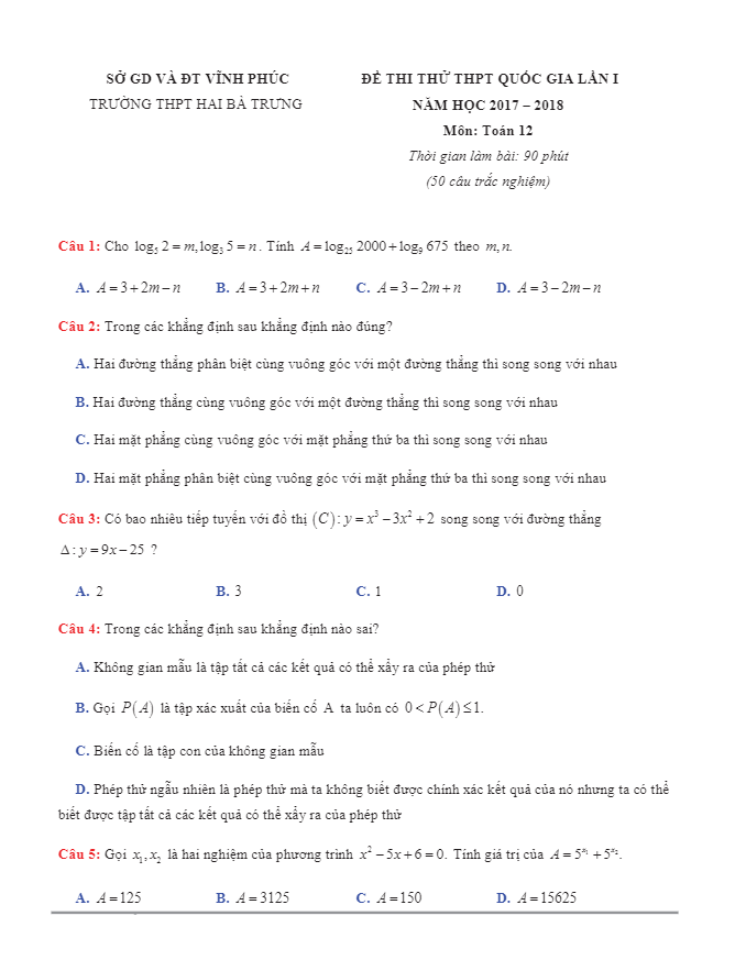 đề thi thử thpt quốc gia lần 1 năm học 2017 – 2018 môn toán 12 trường thpt hai bà trưng – vĩnh phúc