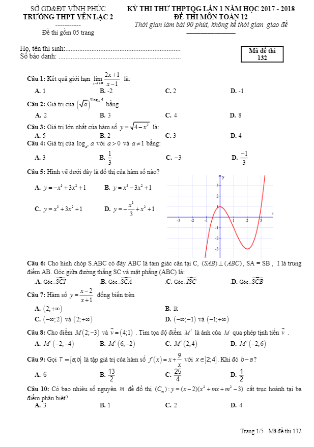 đề thi thử thpt quốc gia lần 1 năm học 2017 – 2018 môn toán trường thpt yên lạc 2 – vĩnh phúc