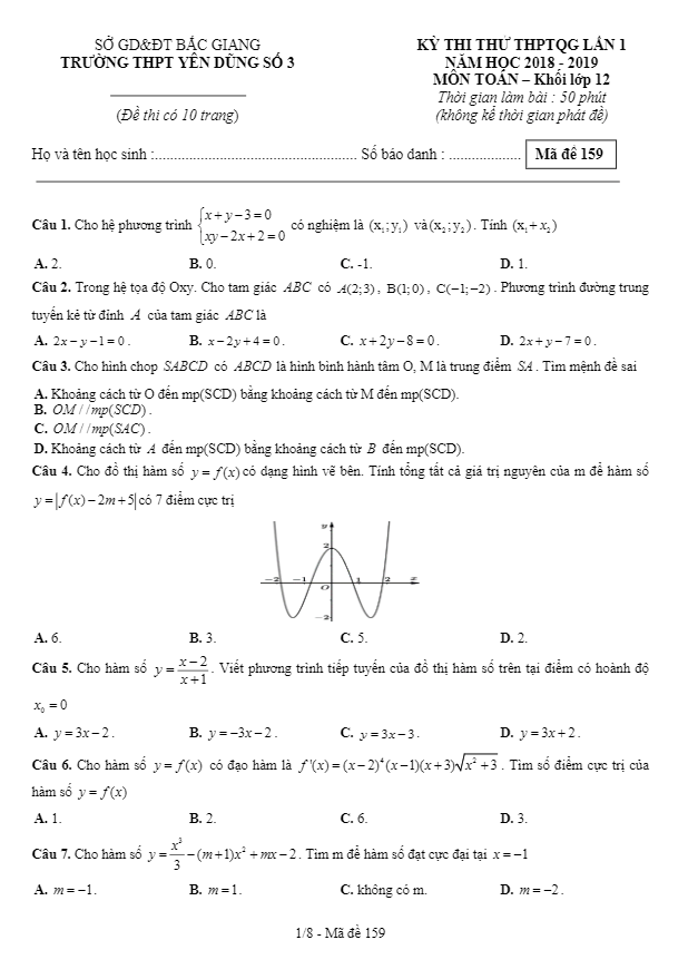 đề thi thử thpt quốc gia môn toán 12 năm 2018 – 2019 trường yên dũng 3 – bắc giang lần 1