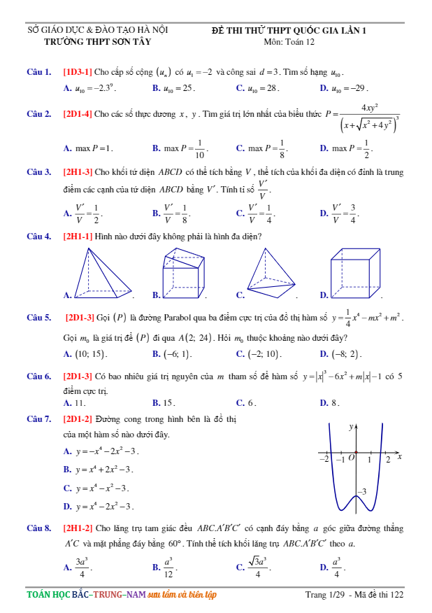 đề thi thử thpt quốc gia môn toán 2018 lần 1 trường thpt sơn tây – hà nội
