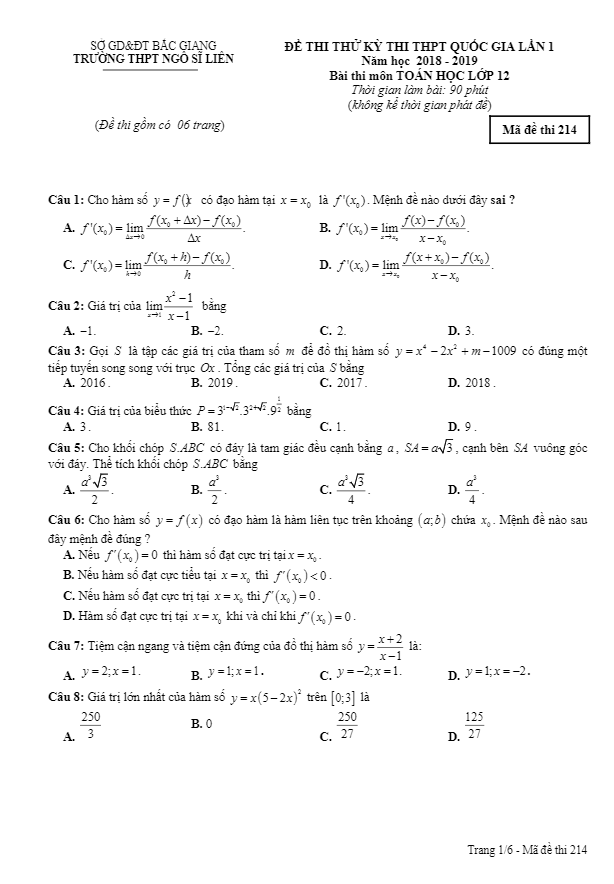đề thi thử thpt quốc gia môn toán năm 2018 – 2019 trường ngô sĩ liên – bắc giang lần 1