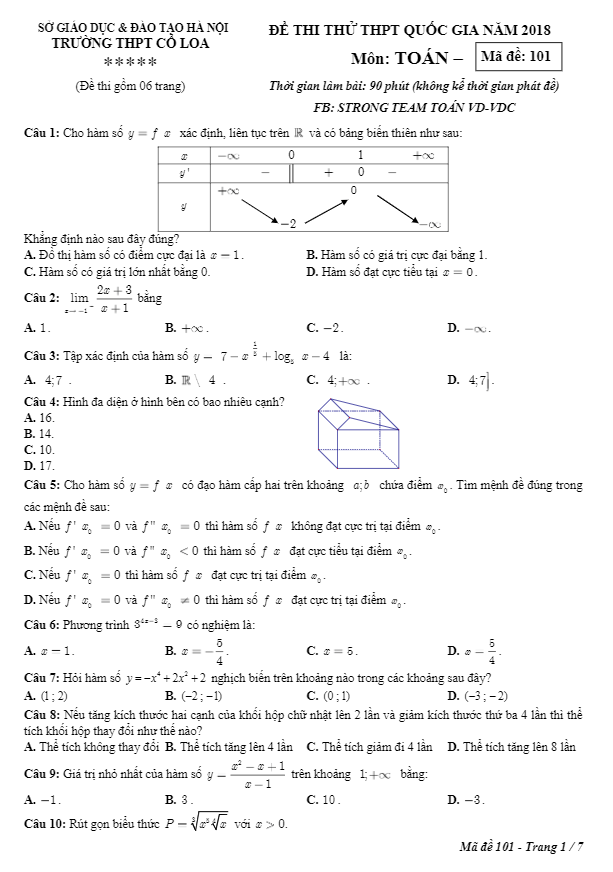 đề thi thử thpt quốc gia môn toán năm 2018 trường thpt cổ loa – hà nội