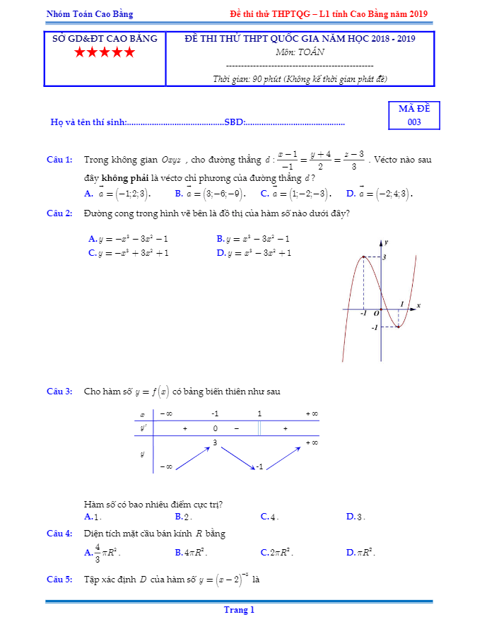 đề thi thử thpt quốc gia môn toán năm 2019 sở gd&đt cao bằng
